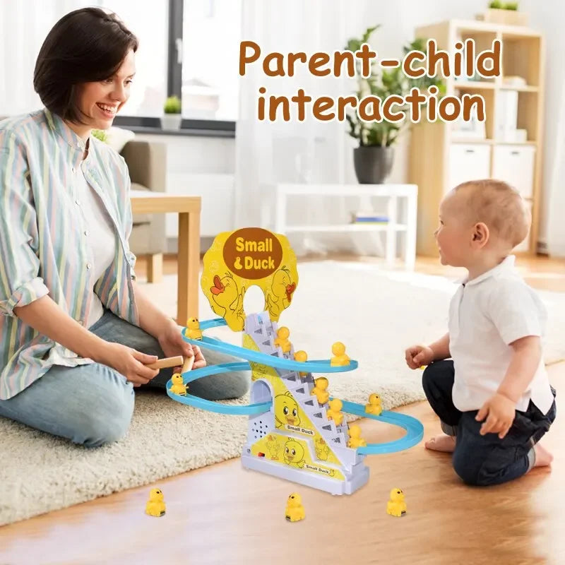 Electric Small Ducks Climbing Toys DIY Ducks Chasing Race Track Game Set with Lights & Music Roller Coaster Toy for Kids Gift