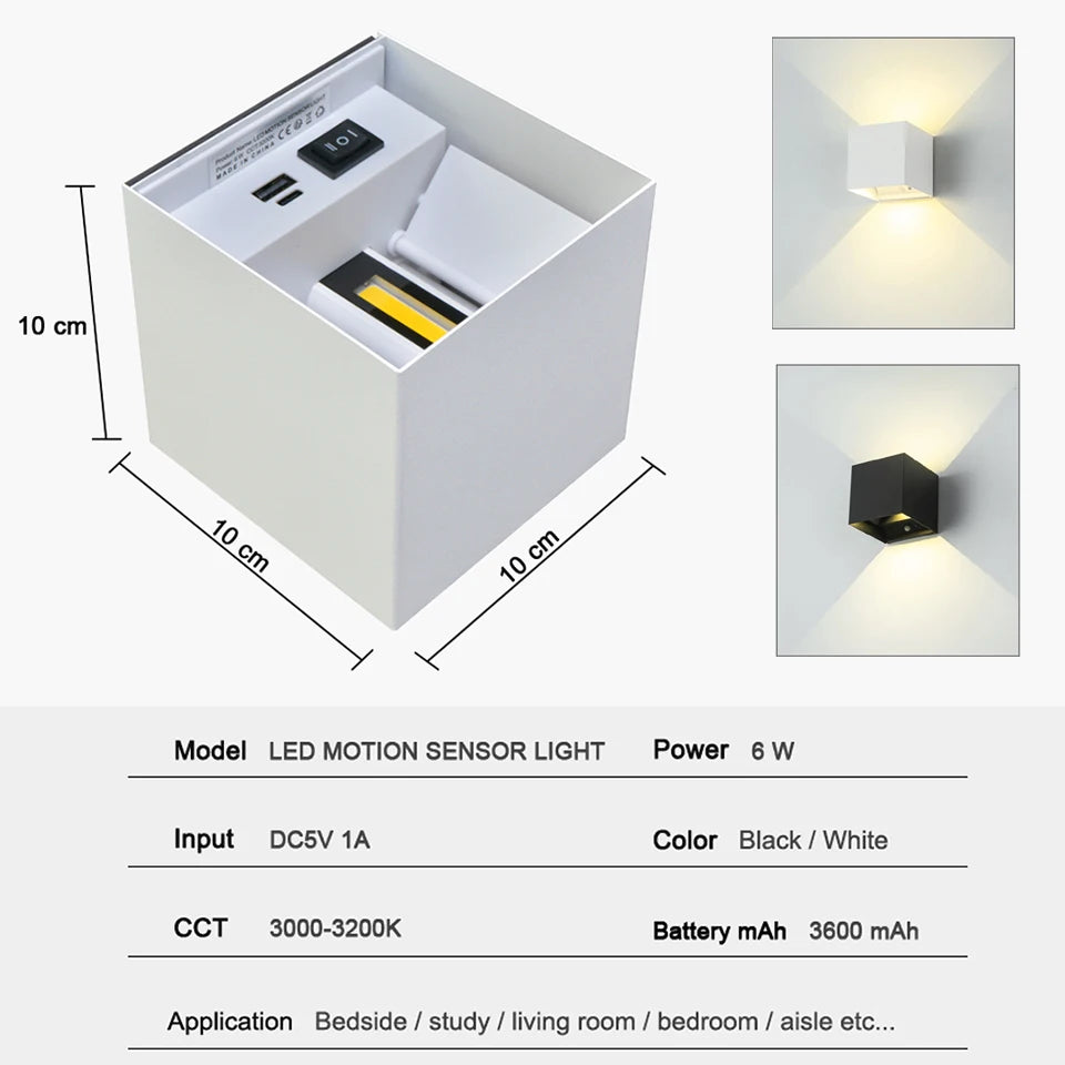 LED Intelligent Motion Sensor Wall Lamp 6W with Battery Charging with USB Wall Light for Bedroom Night Lighting Corridor De