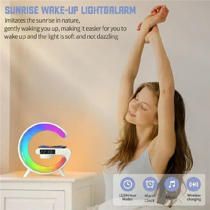 Wireless Charger Stand Pad RGB G Light Alarm Clock Speaker for Iphone 16 15 14 13 Samsung Xiaomi Mini Fast Charging Dock Station